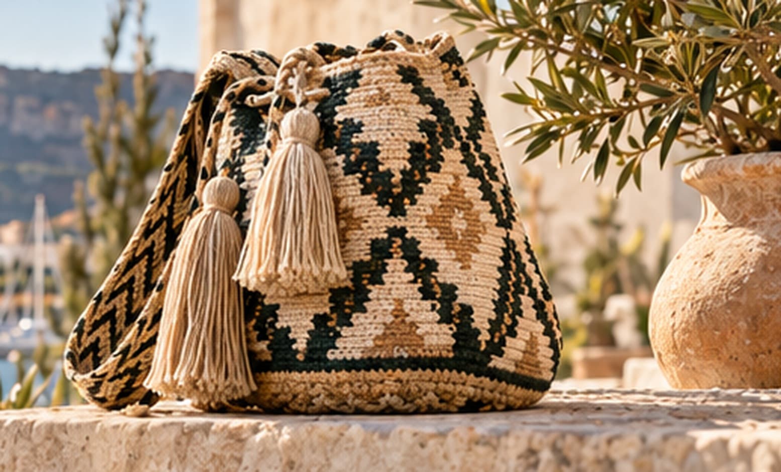 Bolso tejido artesanal sobre piedra, con el puerto de Dénia al fondo.