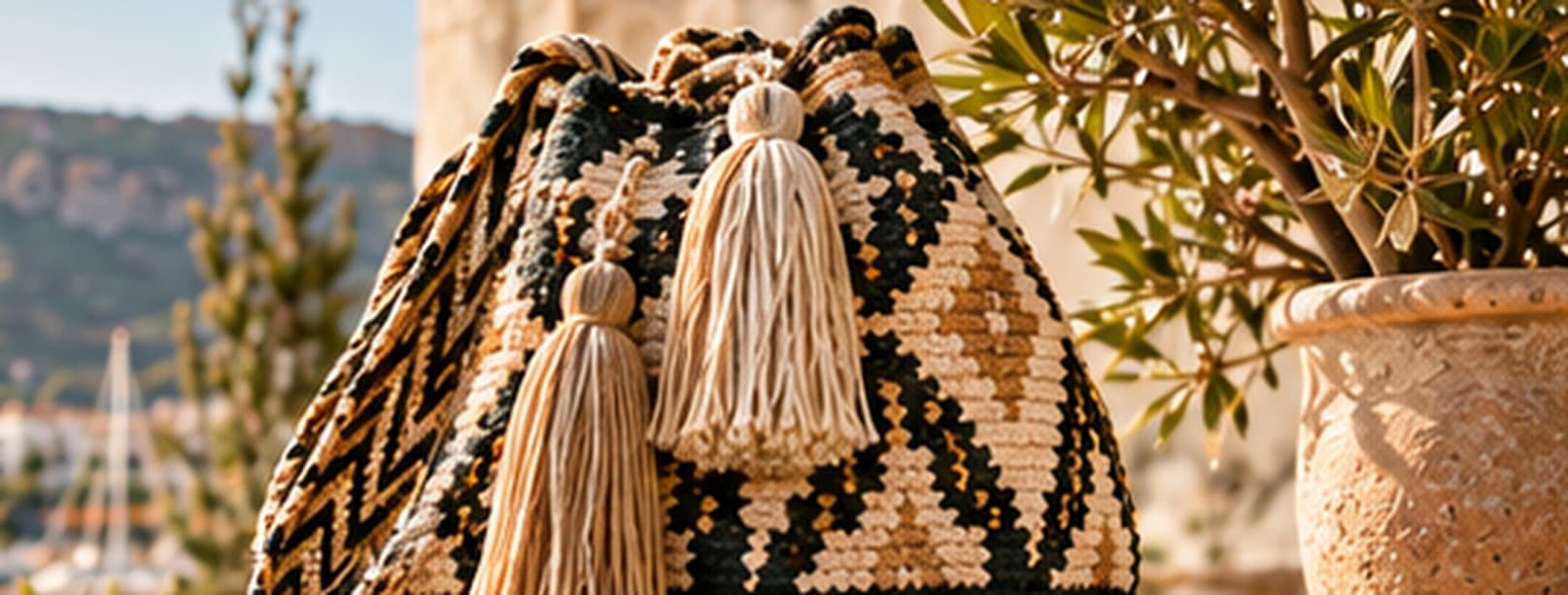 Bolso tejido sobre piedra, con Dénia al fondo.